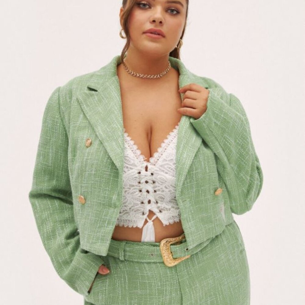 Plus size cropped tweed look blazer with gold buttons